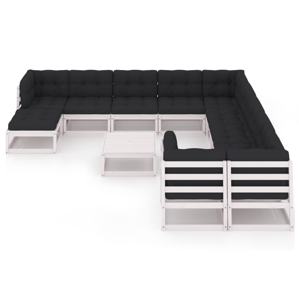 12-tlg. Garten-Lounge-Set mit Kissen Weiss Kiefer Massivholz